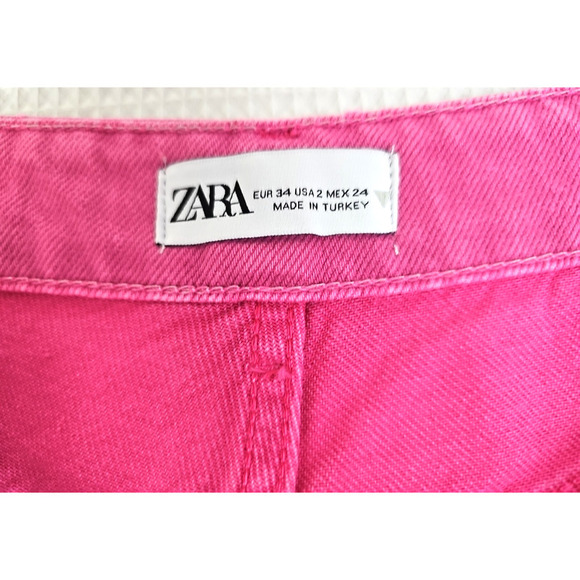 Zara Jeans ~Womens 2~ Pink Wide Leg High Rise Denim Raw Edge Hem Bright Barbie. - Picture 4 of 14